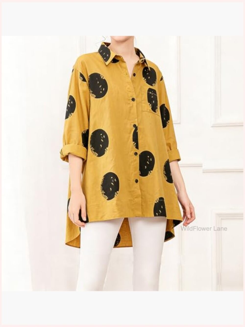 Women's Cotton Button Down Tunic Top Polka Blouse Long Sleeve Loose Fit - Picture 3 of 7